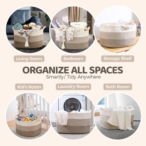 Woven Basket 18"*14"*12" Blanket Storage Basket Toy Organizer Decorative Basket with 2 Free Cotton Rope Coasters in Saudi Arabia