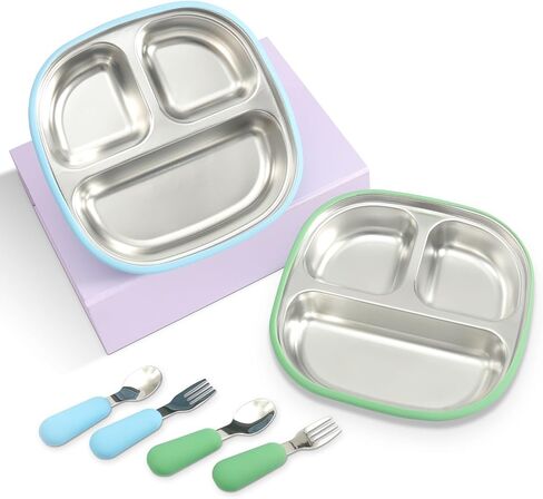 LYA Stainless Steel Suction Plates for Baby - Food Grade Stainless Steel Baby Feeding Set with Removable Silicone Wrap - 2x Children’s Non-Toxic Plates with 2x Baby Spoons and 2x Forks - Blue/Mint in Saudi Arabia