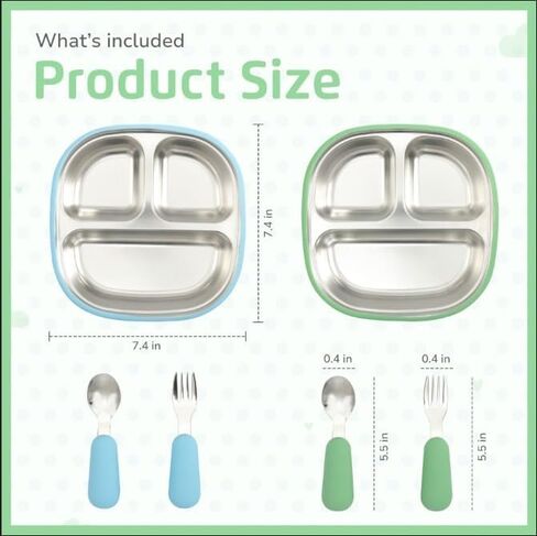 LYA Stainless Steel Suction Plates for Baby - Food Grade Stainless Steel Baby Feeding Set with Removable Silicone Wrap - 2x Children’s Non-Toxic Plates with 2x Baby Spoons and 2x Forks - Blue/Mint in Saudi Arabia