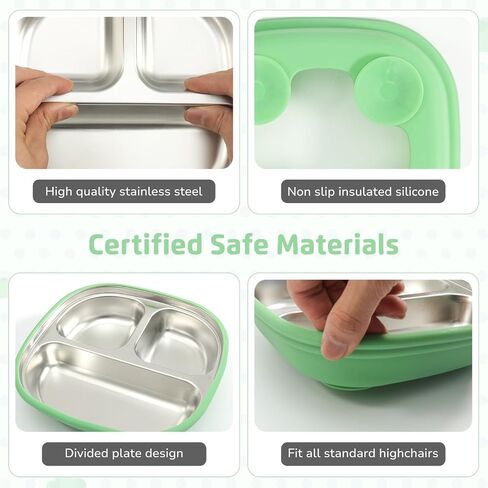 LYA Stainless Steel Suction Plates for Baby - Food Grade Stainless Steel Baby Feeding Set with Removable Silicone Wrap - 2x Children’s Non-Toxic Plates with 2x Baby Spoons and 2x Forks - Blue/Mint in Saudi Arabia
