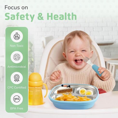 LYA Stainless Steel Suction Plates for Baby - Food Grade Stainless Steel Baby Feeding Set with Removable Silicone Wrap - 2x Children’s Non-Toxic Plates with 2x Baby Spoons and 2x Forks - Blue/Mint in Saudi Arabia