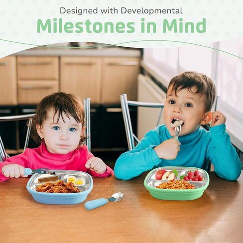 LYA Stainless Steel Suction Plates for Baby - Food Grade Stainless Steel Baby Feeding Set with Removable Silicone Wrap - 2x Children’s Non-Toxic Plates with 2x Baby Spoons and 2x Forks - Blue/Mint in Saudi Arabia