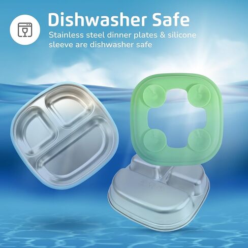 LYA Stainless Steel Suction Plates for Baby - Food Grade Stainless Steel Baby Feeding Set with Removable Silicone Wrap - 2x Children’s Non-Toxic Plates with 2x Baby Spoons and 2x Forks - Blue/Mint in Saudi Arabia