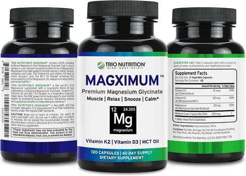 Trio Nutrition MagX Magnesium Glycinate, Vitamin D3, Vitamin K2 & MCT Oil | Chelated Magnesium Supplement | Calm, Relaxation & Recovery | Be Well Rested & Start Your Day with Magximum in Kuwait