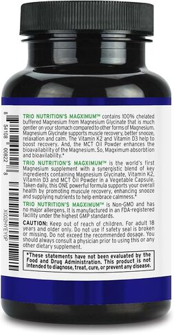 Trio Nutrition MagX Magnesium Glycinate, Vitamin D3, Vitamin K2 & MCT Oil | Chelated Magnesium Supplement | Calm, Relaxation & Recovery | Be Well Rested & Start Your Day with Magximum in Kuwait