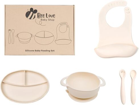 نحلة الحب مجموعة تغذية الطفل | أدوات الفطام LED Free BPA مع لوحة شفط ، وعاء ، مريلة قابلة للتعديل ، ملعقة الطفل والشعبية | لوازم تغذية الطفل لمدة 6 أشهر (حليب أبيض) in Kuwait