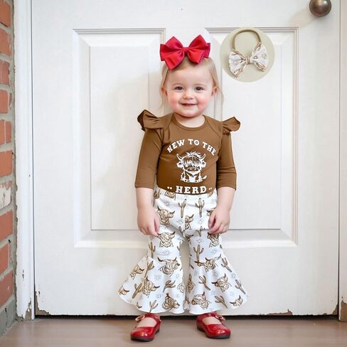 جديد على The Herd Baby Girl Western Western Aightland Cow Print Long Sleeve Romper Flare Pants Beants 3pcs Fall Cloths in Saudi Arabia
