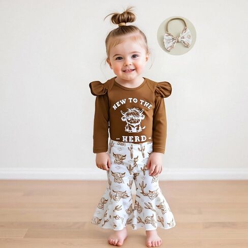 جديد على The Herd Baby Girl Western Western Aightland Cow Print Long Sleeve Romper Flare Pants Beants 3pcs Fall Cloths in Saudi Arabia