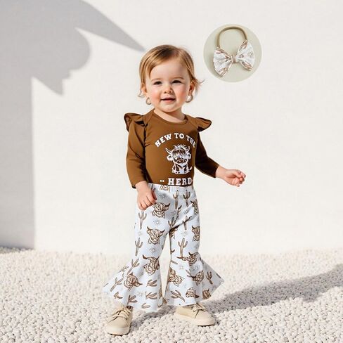 جديد على The Herd Baby Girl Western Western Aightland Cow Print Long Sleeve Romper Flare Pants Beants 3pcs Fall Cloths in Saudi Arabia