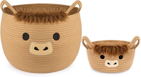 Highland Cute Cow Basket Set for Nursery, Woven Storage Cotton Rope Basket, Baby Blanket 0rganizer with Ears Handles, Blanket Towel Decor Toy Clothes Gifts Storage Cat Dog Bin, Pack of 2 in Saudi Arabia