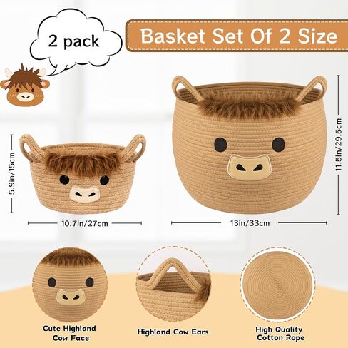 Highland Cute Cow Basket Set for Nursery, Woven Storage Cotton Rope Basket, Baby Blanket 0rganizer with Ears Handles, Blanket Towel Decor Toy Clothes Gifts Storage Cat Dog Bin, Pack of 2 in Saudi Arabia