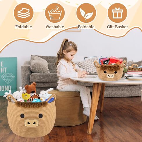 Highland Cute Cow Basket Set for Nursery, Woven Storage Cotton Rope Basket, Baby Blanket 0rganizer with Ears Handles, Blanket Towel Decor Toy Clothes Gifts Storage Cat Dog Bin, Pack of 2 in Saudi Arabia