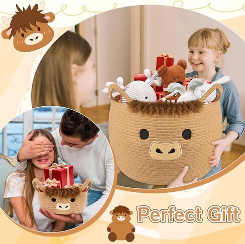 Highland Cute Cow Basket Set for Nursery, Woven Storage Cotton Rope Basket, Baby Blanket 0rganizer with Ears Handles, Blanket Towel Decor Toy Clothes Gifts Storage Cat Dog Bin, Pack of 2 in Saudi Arabia