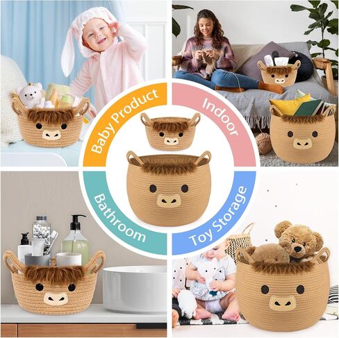 Highland Cute Cow Basket Set for Nursery, Woven Storage Cotton Rope Basket, Baby Blanket 0rganizer with Ears Handles, Blanket Towel Decor Toy Clothes Gifts Storage Cat Dog Bin, Pack of 2 in Saudi Arabia