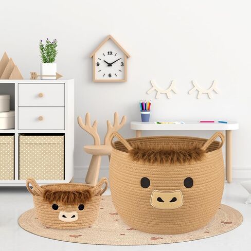 Highland Cute Cow Basket Set for Nursery, Woven Storage Cotton Rope Basket, Baby Blanket 0rganizer with Ears Handles, Blanket Towel Decor Toy Clothes Gifts Storage Cat Dog Bin, Pack of 2 in Saudi Arabia