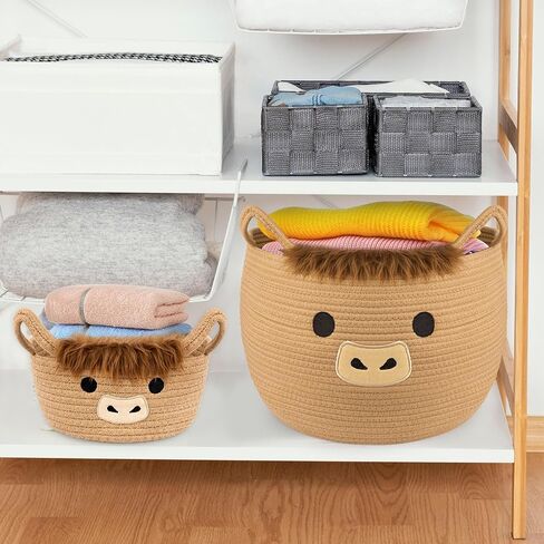 Highland Cute Cow Basket Set for Nursery, Woven Storage Cotton Rope Basket, Baby Blanket 0rganizer with Ears Handles, Blanket Towel Decor Toy Clothes Gifts Storage Cat Dog Bin, Pack of 2 in Saudi Arabia