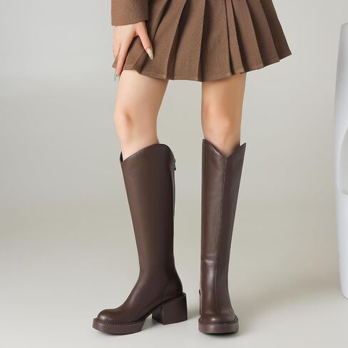 TEAIEUI Knee High Boots for Women | Comfort Platform | Chunky Block Heeled | Riding | Tall | Long | Side Zipper | Round Toe in Saudi Arabia