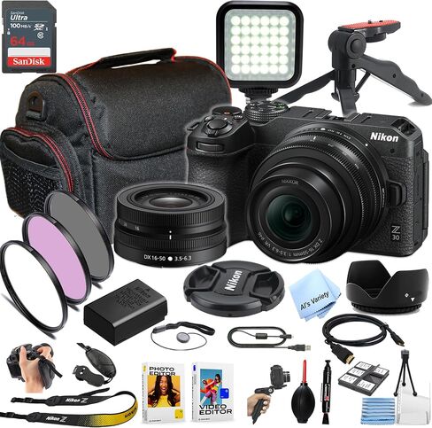 Nikon Z30 Digital Digital Camera W/Nikkor Z 16-50 مم + ذاكرة 64 جيجابايت ، مصباح LED ، المرشحات ، العلبة ، gripod ، والمزيد (حزمة Content Creator) (متجددة) in Saudi Arabia