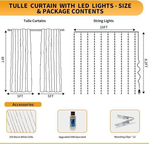 ستارة خلفية تول بيضاء مع سلسلة أضواء - 10 × 10 قدم خلفية شفافة مع 300 LED لحضور حفل زفاف ، دش الطفل ، دش الزفاف ، خلفية صورة عيد ميلاد وزينة منزلية in Saudi Arabia