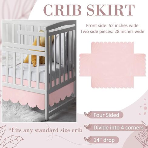Pink Scalloped Crib Skirt 28"x 52" with 14" Drop Pleated Dust Ruffle with Split Corners for Baby Boys Girls Soft 4-Sided Crib Bed Skirt Nursery Standard Toddler Bedding in Saudi Arabia