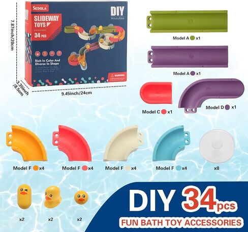 Duck Slide Bath Toys for Kids Ages 4-8, Bathtub Toys DIY Wall Track Building Kit for Toddlers 2-4 3-5, Fun Shower Toys Bathtub Time Birthday Gift for 3+ Years Old Boys and Girls（34PCS） in Saudi Arabia