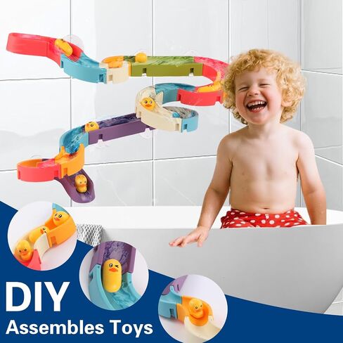 Duck Slide Bath Toys for Kids Ages 4-8, Bathtub Toys DIY Wall Track Building Kit for Toddlers 2-4 3-5, Fun Shower Toys Bathtub Time Birthday Gift for 3+ Years Old Boys and Girls（34PCS） in Saudi Arabia