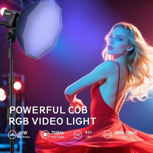 60W Portable RGB LED Video Light, Handheld Fill Light with 20 Scenes, 27000Lux, 2800-7500K, CRI97+, Dimmable COB Continuous Lighting, Built-in Battery & PD Fast Charge for Video Recording, Streaming in Saudi Arabia