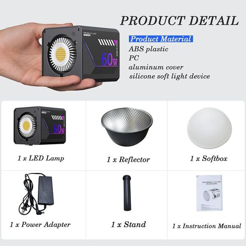 60W Portable RGB LED Video Light, Handheld Fill Light with 20 Scenes, 27000Lux, 2800-7500K, CRI97+, Dimmable COB Continuous Lighting, Built-in Battery & PD Fast Charge for Video Recording, Streaming in Saudi Arabia