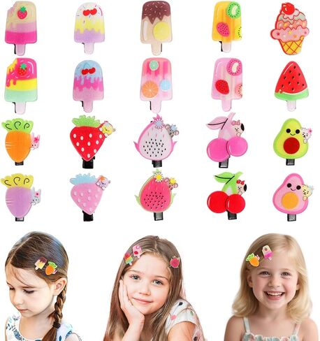 20 PCS Cute Fruit Hair Clips for Girls – Colorful Popsicle & Cherry Hair Clips, No-Bend No-Crease Small Hair Accessories for BabyToddlers Kids Ages 2-10, Birthday Back to School Gifts in Saudi Arabia