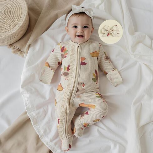 Newborn Baby Girl Halloween Outfit Ghost Print Ruffled Zipper Long Sleeve Romper Jumpsuit Infant Fall Clothes Headband in Saudi Arabia