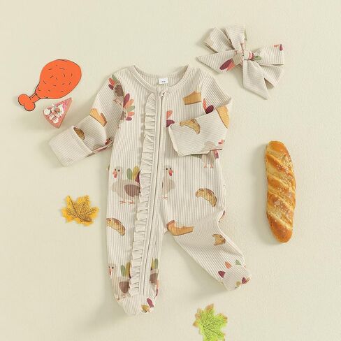 Newborn Baby Girl Halloween Outfit Ghost Print Ruffled Zipper Long Sleeve Romper Jumpsuit Infant Fall Clothes Headband in Saudi Arabia
