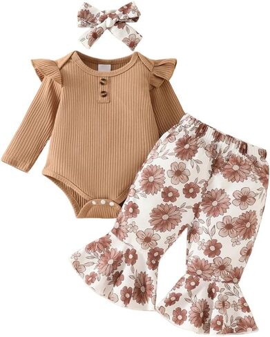Aoswep Newborn Baby Girl Clothes Infant Girl Outfits Long Sleeve Ruffle Romper + Floral Pants + Headband Set in Saudi Arabia
