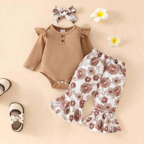 Aoswep Newborn Baby Girl Clothes Infant Girl Outfits Long Sleeve Ruffle Romper + Floral Pants + Headband Set in Saudi Arabia