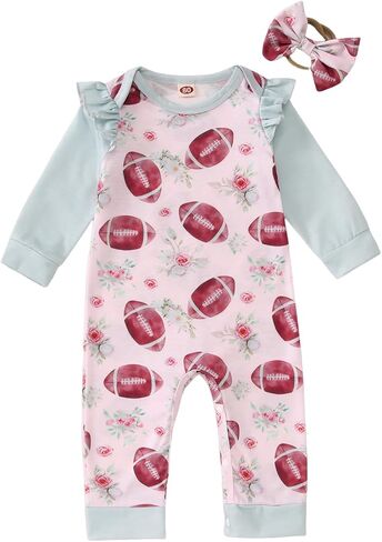 CM C&M WODRO Baby Girl Football Outfit Cute Football Floral Jumpsuit Long Sleeve Romper Onesie Headband Infant Fall Clothes in Saudi Arabia