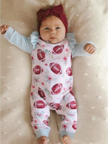 CM C&M WODRO Baby Girl Football Outfit Cute Football Floral Jumpsuit Long Sleeve Romper Onesie Headband Infant Fall Clothes in Saudi Arabia