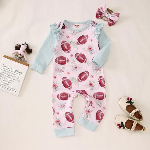 CM C&M WODRO Baby Girl Football Outfit Cute Football Floral Jumpsuit Long Sleeve Romper Onesie Headband Infant Fall Clothes in Saudi Arabia
