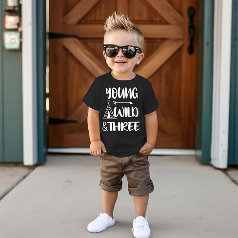 Young Wild and Three Birthday Boy Shirt 3rd Birthday Outfit Toddler T-Shirt 3 Year Old Boy Third Party Tee Tops in Saudi Arabia