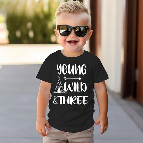 Young Wild and Three Birthday Boy Shirt 3rd Birthday Outfit Toddler T-Shirt 3 Year Old Boy Third Party Tee Tops in Saudi Arabia