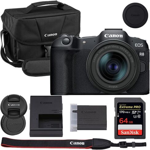 كاميرا Canon EOS R8 بدون مرآة مع حزمة عدسة 24-50 مم مع Canon 200es EOS الكتف الحقيبة + 64 جيجابايت من بطاقة ذاكرة Pro Extreme in Saudi Arabia