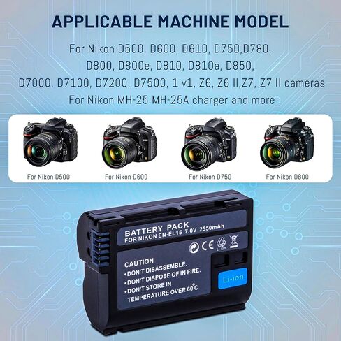 3-Pack EN-EL15 /EL15A/EL15B/EL15C Batteries with Smart Triple Slot LCD Charger for Nikon Z6 Z7 D500 D600 D610 D750 D780 D800 D800E D810 D810A D850 D7000 D7100 D7200 D7500 Cameras 2550mAh in Saudi Arabia