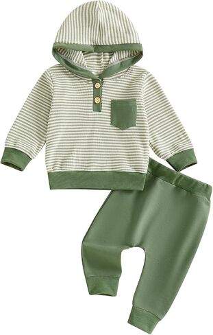 Toddler Baby Boy Fall Winter Clothes Striped Waffle Button Long Sleeve Hoodie Sweatshirt Top and Pants Set in Saudi Arabia