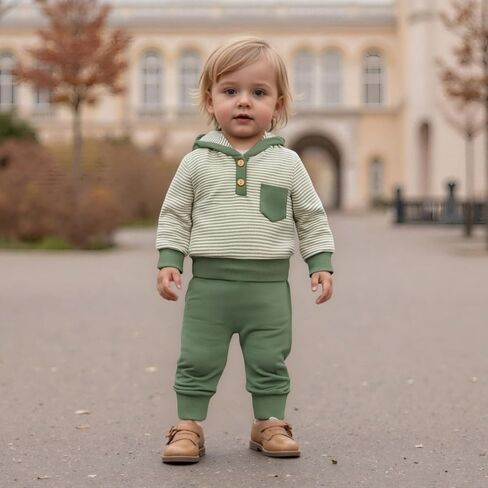 Toddler Baby Boy Fall Winter Clothes Striped Waffle Button Long Sleeve Hoodie Sweatshirt Top and Pants Set in Saudi Arabia