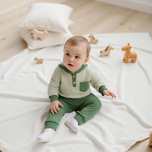 Toddler Baby Boy Fall Winter Clothes Striped Waffle Button Long Sleeve Hoodie Sweatshirt Top and Pants Set in Saudi Arabia