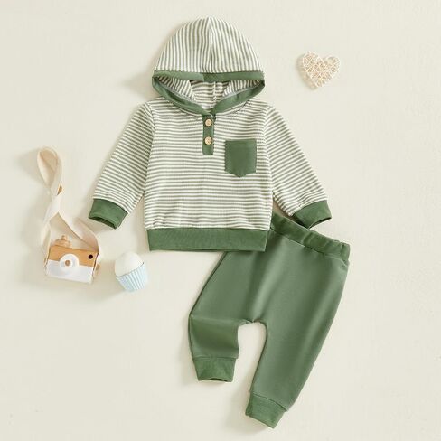 Toddler Baby Boy Fall Winter Clothes Striped Waffle Button Long Sleeve Hoodie Sweatshirt Top and Pants Set in Saudi Arabia