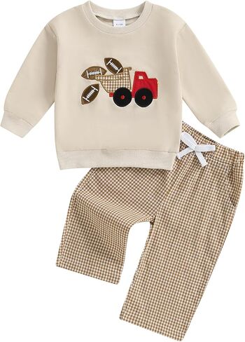 Toddler Baby Boy Clothes Fall Winter Outfit Football Embroidery Long Sleeve Sweatshirt & Plaid Pant Set in Kuwait