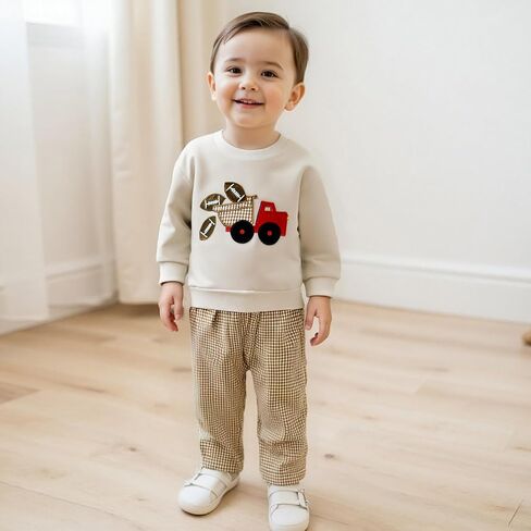 Toddler Baby Boy Clothes Fall Winter Outfit Football Embroidery Long Sleeve Sweatshirt & Plaid Pant Set in Kuwait