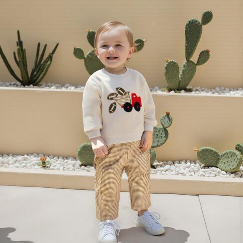Toddler Baby Boy Clothes Fall Winter Outfit Football Embroidery Long Sleeve Sweatshirt & Plaid Pant Set in Kuwait