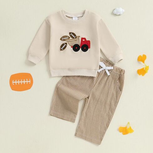 Toddler Baby Boy Clothes Fall Winter Outfit Football Embroidery Long Sleeve Sweatshirt & Plaid Pant Set in Kuwait