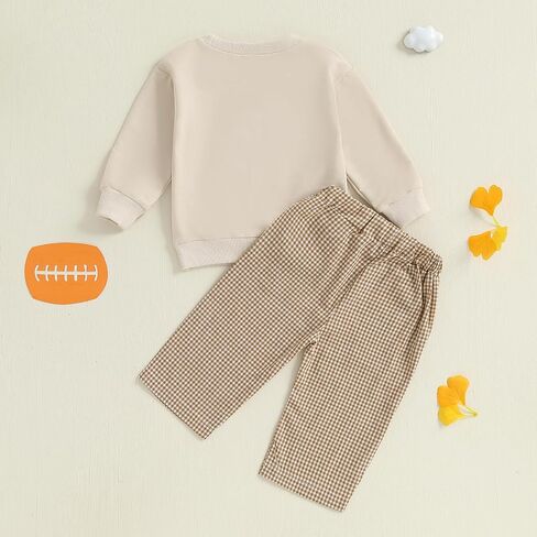 Toddler Baby Boy Clothes Fall Winter Outfit Football Embroidery Long Sleeve Sweatshirt & Plaid Pant Set in Kuwait