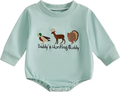 Baby Boy Girl Fall Outfit Daddy’s Hunting Buddy Embroidery Crewneck Romper Duck Deer Turkey Bodysuit Hunting Outfit in Saudi Arabia